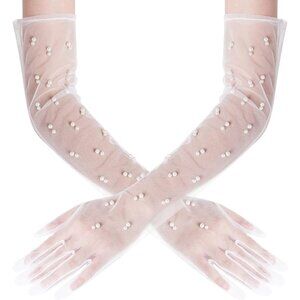 Women's White Tulle Pearl Mesh Sheer Gloves Bridal Wedding Party Prom